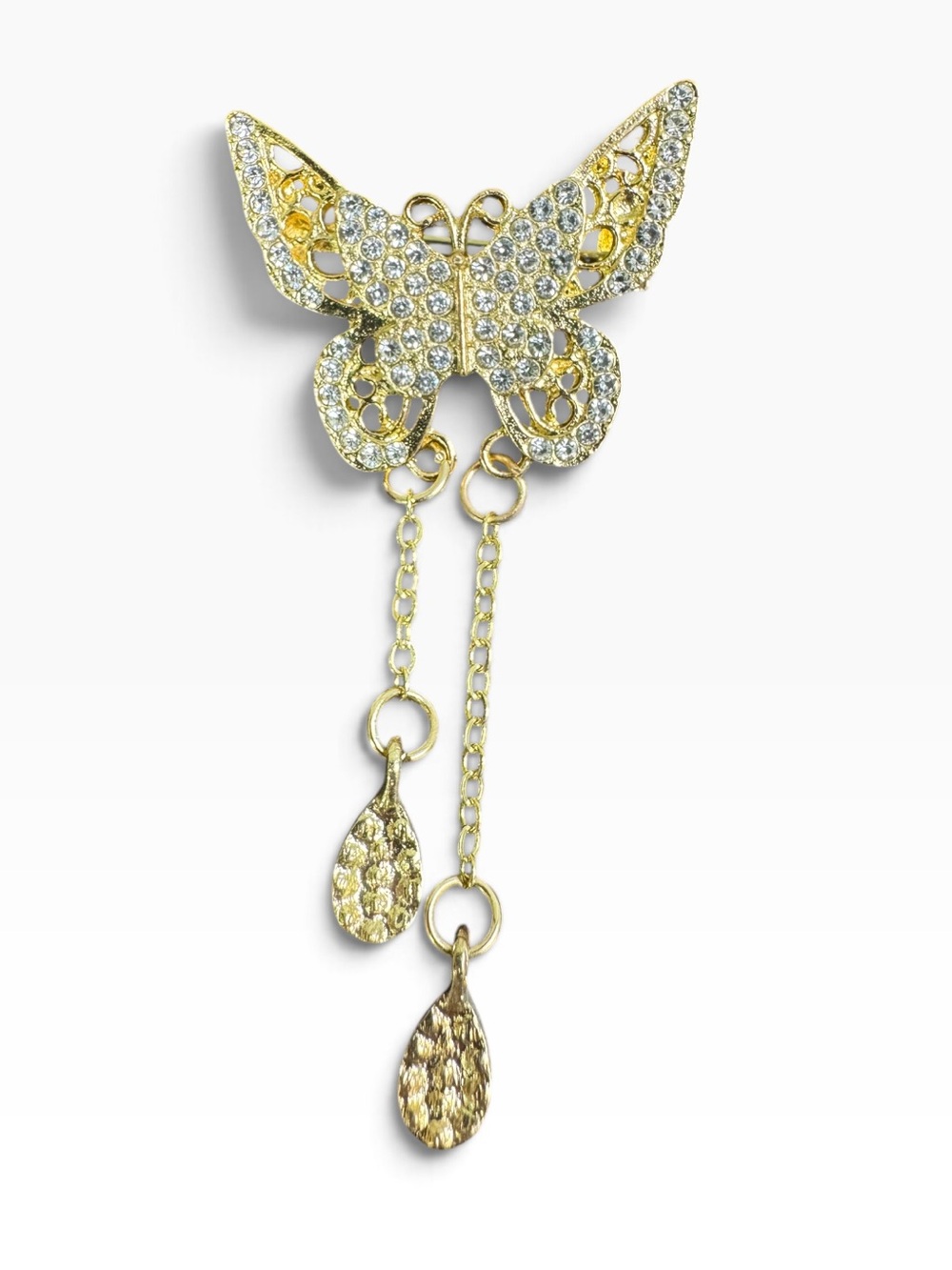 Gold Butterfly Drop Brooch with Crystal Accents